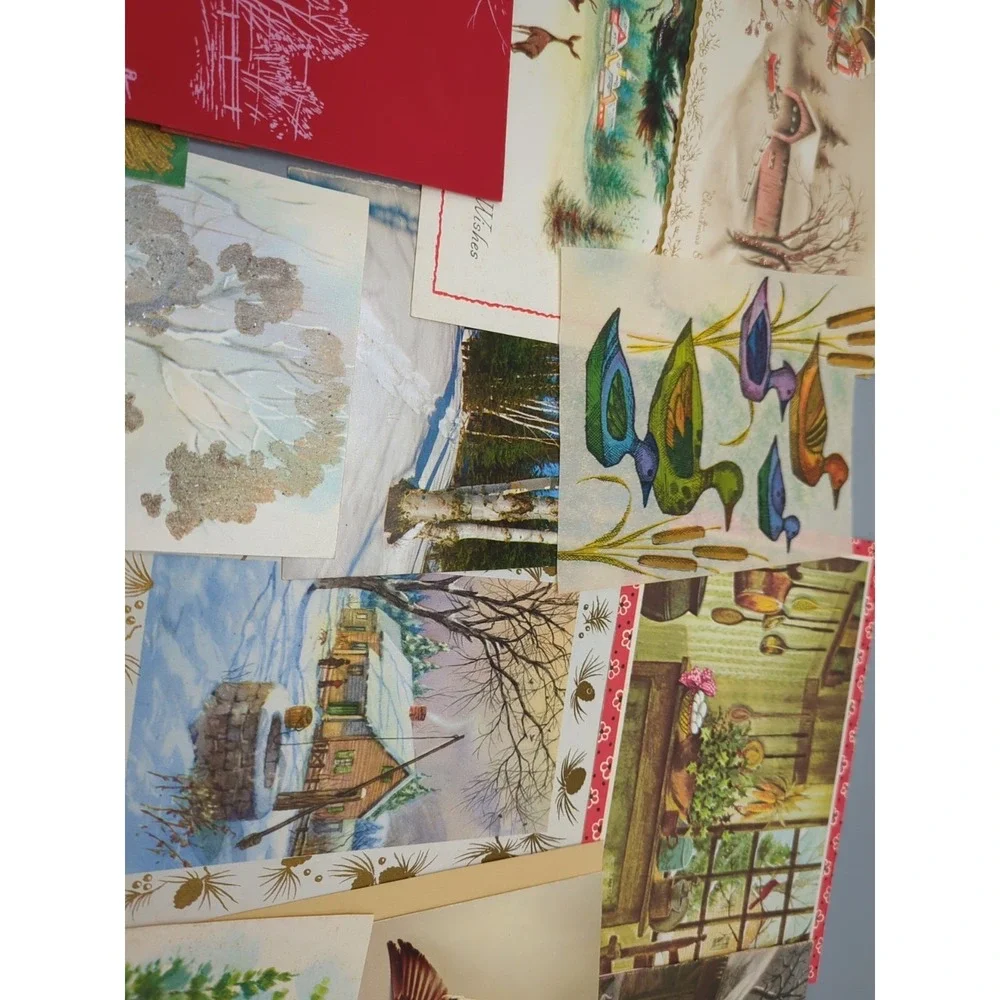 15 Old Vtg Used Christmas Card Fronts for Crafts Winter Scene Country Farm‎ Hunt